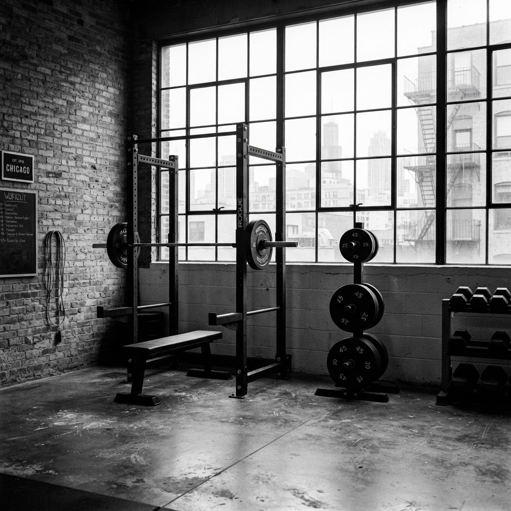 Sunlit private personal training gym with a squat rack and free weights in West Town, Chicago